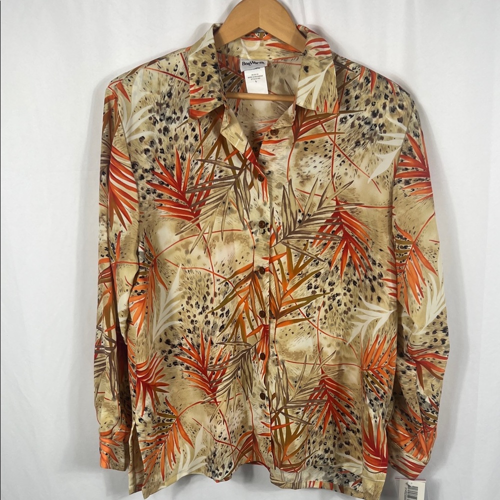 Vintage 90’s Bon Worth Women’s Large Leaf Print Button‎ Up Blouse Long Sleeve